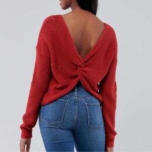 Hollister Twist Open Back Loose Fit V Neck Long Sleeve Cozy Sweater Rust